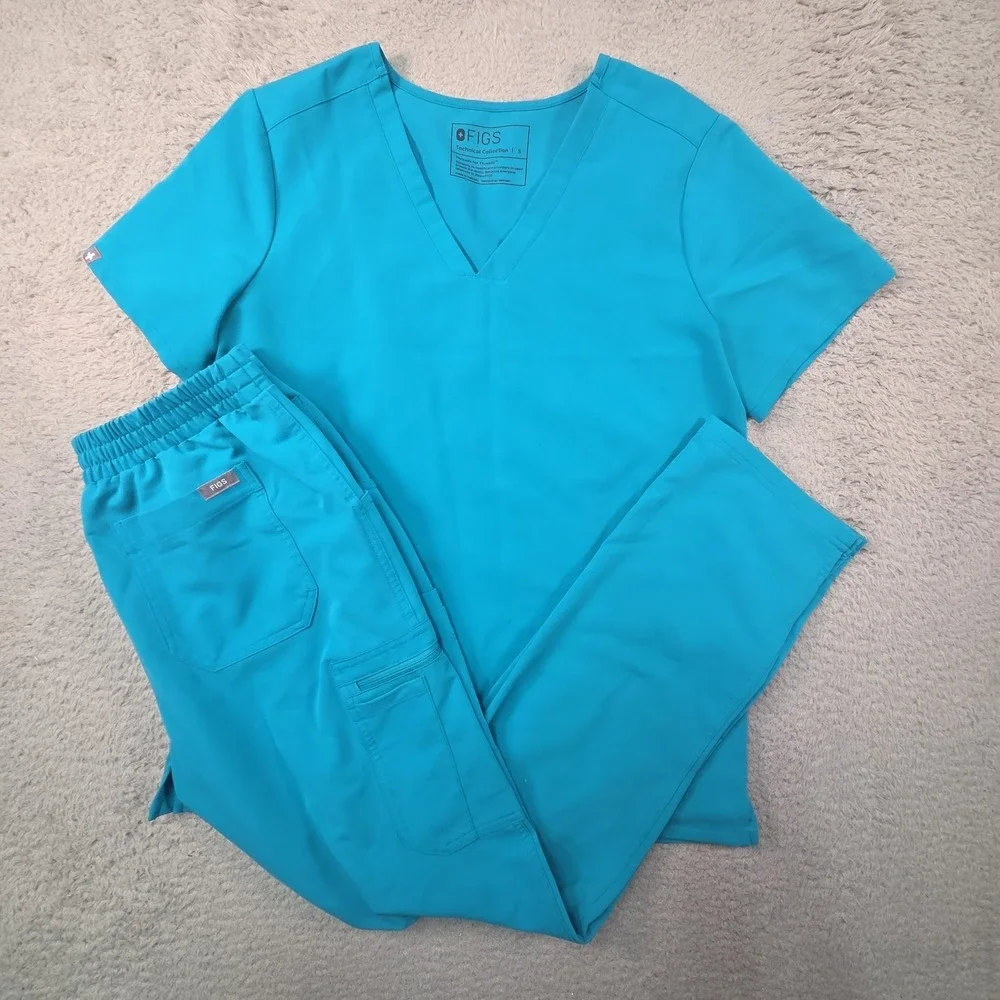 FIGS Technical Collection Scrub Set Womens S Casma Top Yola Pants Blue Cyan